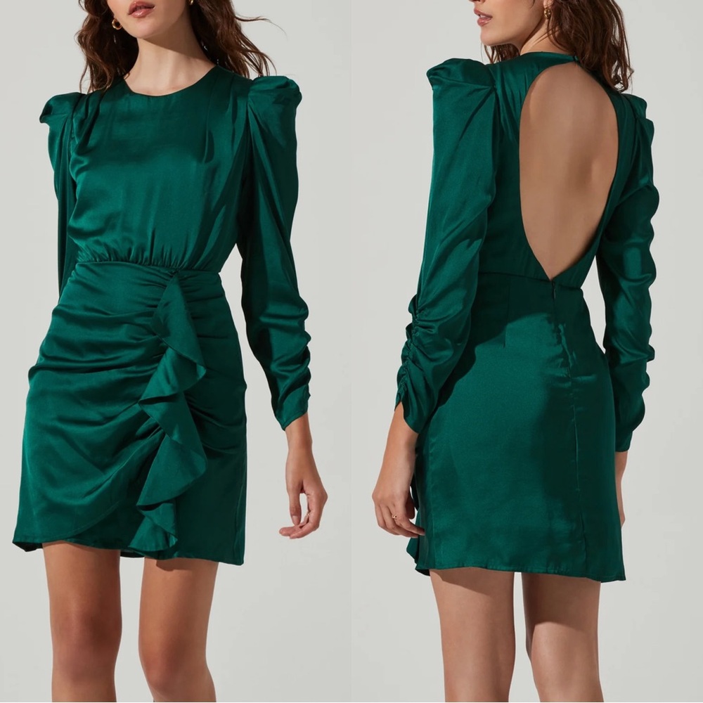 ASTR the Label Cascade Ruffle Long Sleeve Satin Dress